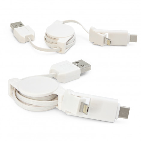 Retractable connector cable which is effectively three cables in one and will work with virtually all modern electronic devices. It has a USB connector on one end and a USB Type-C connector on the other. Simply pull and flip the USB Type-C connector to expose a unique twin connector which has Lightning (for iPhone) on one side and Micro-B USB on the other. This cable is for charging only and is not designed for data connections.