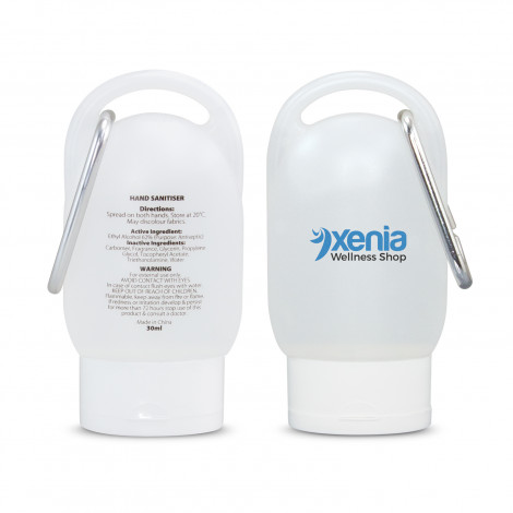 Gel hand sanitiser in a convenient tube with a no mess flip cap and a carabiner clip. It has ingredients information on the back of the tube.