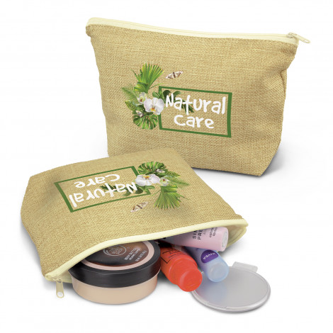 Small cosmetic bag that is manufactured from soft poly-jute which gives it a trendy natural look. It has a zippered top closure and a base gusset for increased capacity.